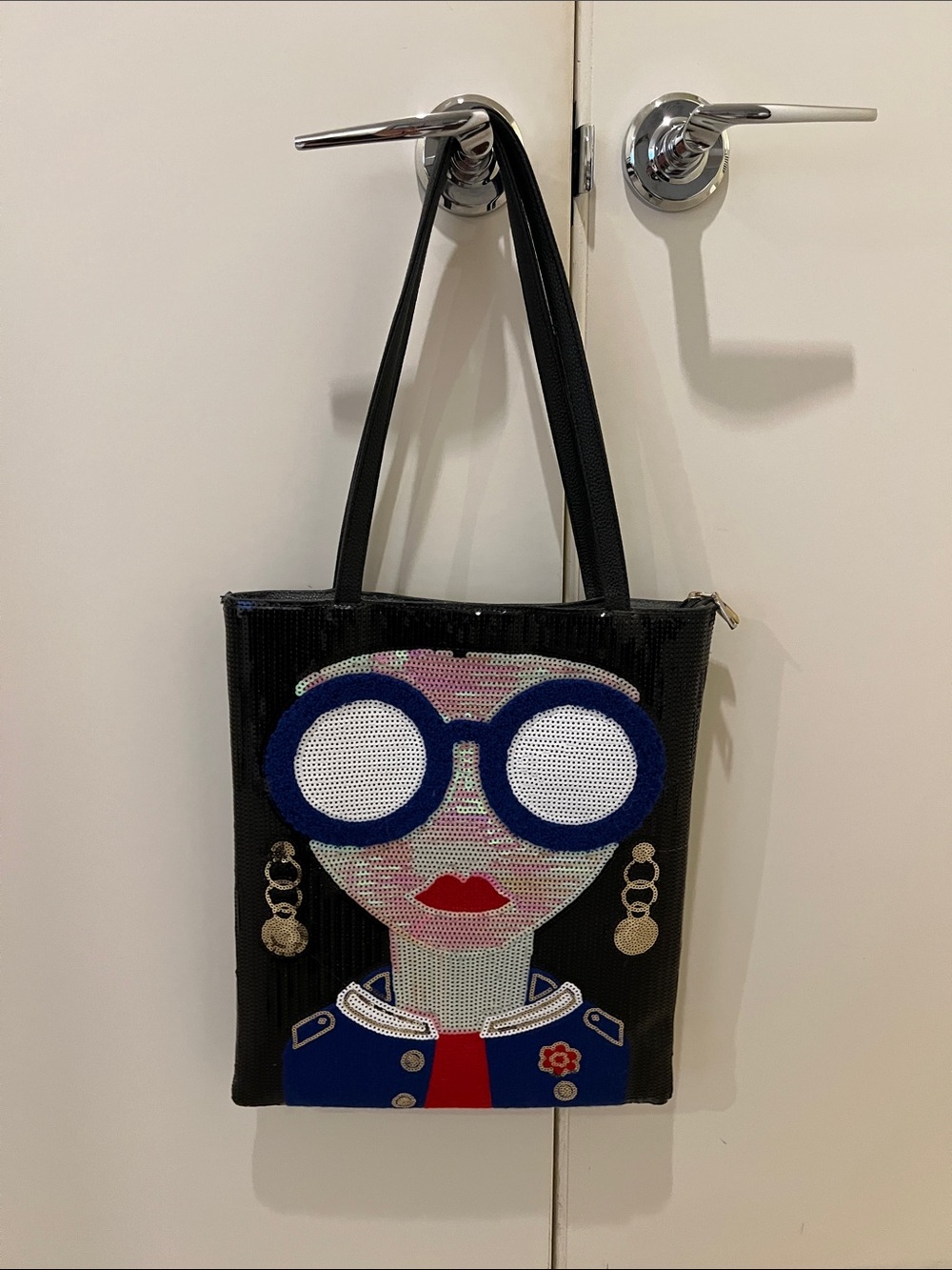 Black Sequin Tote with Graphic Face and Blue Accents
